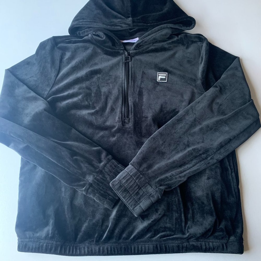 FILA Women's Velour Track Jacket‎ Quarter Zip Hoodie Black Size MEDIUM Y2K
